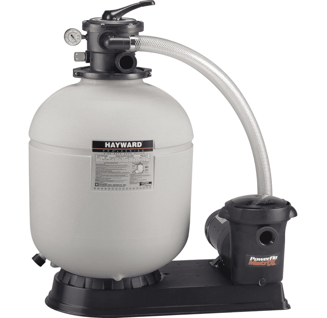 A Hayward W3S210T93S ProSeries 21 In., 1.5 HP Sand Filter System for Above-Ground Pools with a pump.